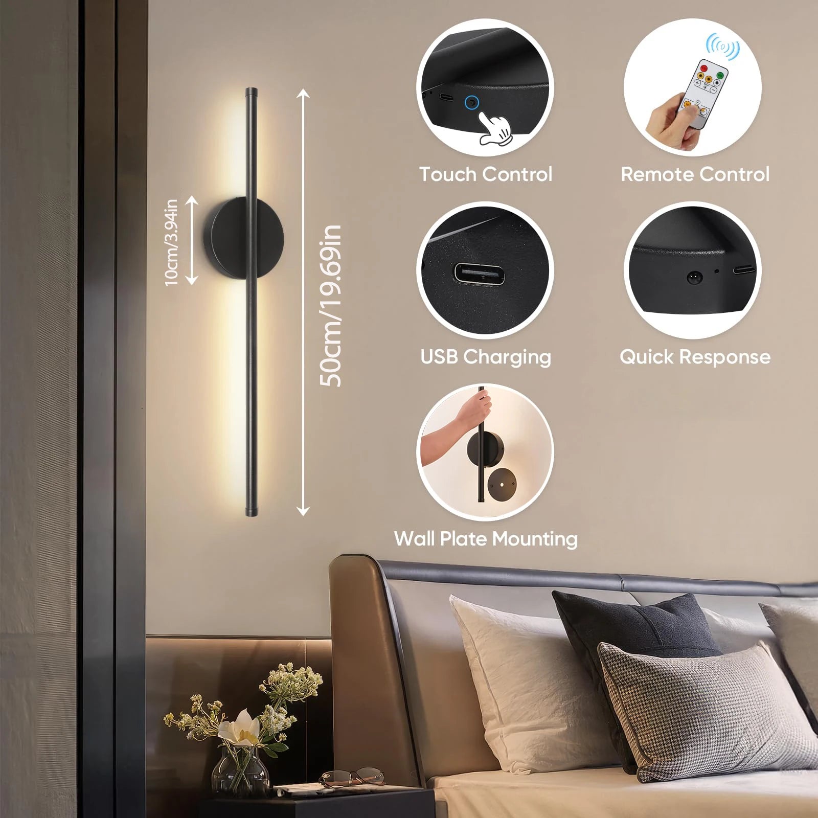 LED Rechargeable Wall Light Installation Free Wall Sconce 1PC 50CM  Dimming For Livingroom Sofe Beside Bedroom Wall Decor Lamp